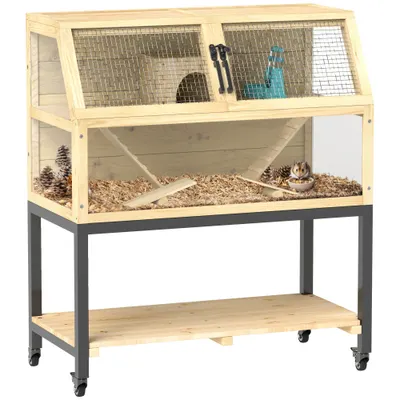 PawHut Cușcă pentru Zwerghamster din lemn cu raft, roți, rampe, sticlă de apă, cuib, vârtejuri, 87 x 43 x 101 cm | Aosom Romania