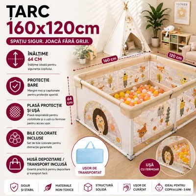 Tarc de joaca pentru copii, centru de activitati, interior si exterior, cu plasa de protectie si usa, bile incluse, protectie bare, XL 120x160cm Multicolor