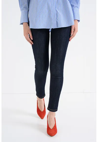 Blugi skinny crop din amestec de modal cu talie inalta - Albastru inchis