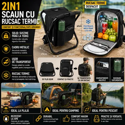 Scaun De Pescuit 3in1 Cu Rucsac Termoizolant, Max 150KG, Confortabil Si Rezistent