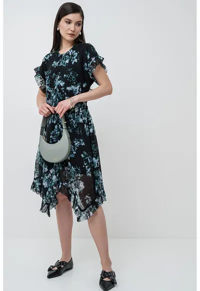 Rochie asimetrica cu maneci scurte - Verde/Negru stins/Alb murdar