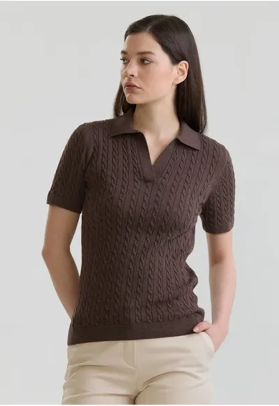 Tricou polo slim fit cu torsade - Maro inchis