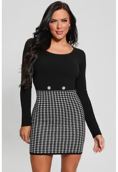 Rochie bodycon cu imprimeu houndstooth Gabriella - Alb/Negru