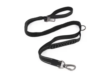Lesa multifunctionala pentru caini, neagra, cu bungee si inel D metalic, lungime 120-170 cm, pentru caini cu greutate de pana la 48 kg