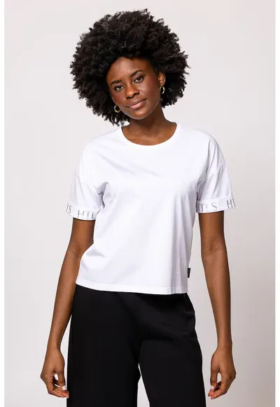 Tricou cu model uni si decolteu la baza gatului Morell - Alb optic