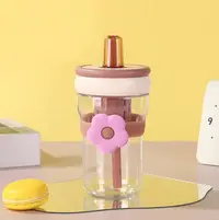 Cana cu Pai Pentru Copii, Model Floare, Plastic, Maro, 500 ml, MIX15052