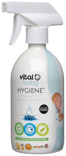 Apă de curățare antibacteriană pentru bebeluși Vital Baby - Aquaint, cu pompă, 500 ml