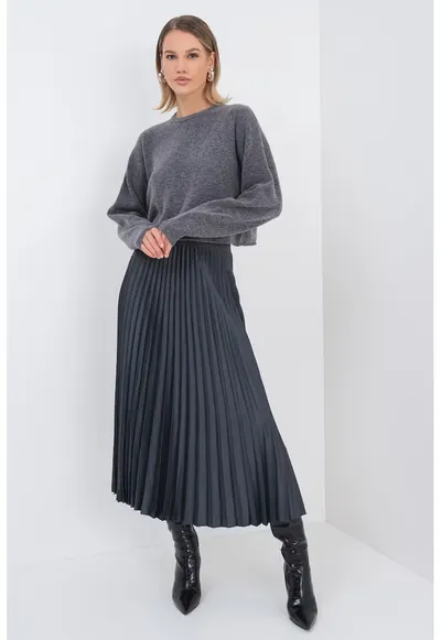 Pulover crop din amestec de lana cu maneci cazute - Gri melange