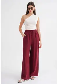 Pantaloni dama - talie inalta - textil - rosu burgundy - muselina texturata