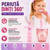 Periuta de dinti pentru copii, 2-6 ani, cu capac protectie, in forma de U, din silicon, periaj si curatare gingii 360, Roz