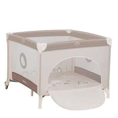 Tarc de joaca copii, Lionelo, Bonnie, Pana la 15 kg, 100 x 100 cm, Pliere compacta, Include geanta de transport, Din plasa, Cu intrare laterala cu fermoar, Cu roti, Cu salteluta din spuma, Conform cu EN12227, Bej