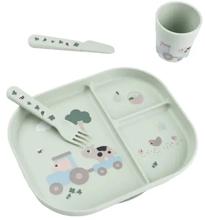 Set et de masă pentru copii din 4 piese Done by Deer - Tiny farm, green