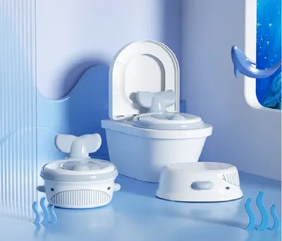 Olita pentru copii design evolutiv 4 in 1 Little Mom Blue Whale Trainer, prevazuta cu spatar ergonomic, vas colector detasabil, baza antiderapanta, sezut moale din PU