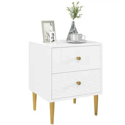 HOMCOM Noptiera masa de noapte cu 2 sertare manere, picioare din otel pentru dormitor living 40 x 35 x 50 cm alb | Aosom Romania