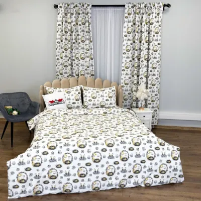 Set Lenjerie Pat Dublu 4 Piese + 2 Draperii 150x235cm din Bumbac Ranforsat – Confort si Eleganta, Fabricat in Romania, Alb, Galben, Iepurasi