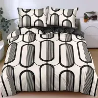 Lenjerie pat dublu, bumbac satinat, cearsaf clasic, 4 piese, Crem, abstract
