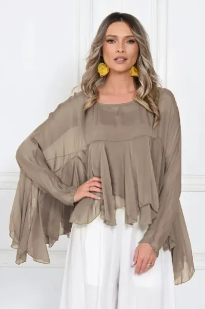 Bluza din matase naturala si vascoza cu volane tip cascada, croi lejer, bej inchis