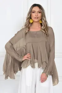 Bluza din matase naturala si vascoza cu volane tip cascada, croi lejer, bej inchis