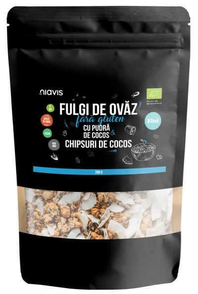 Fulgi de ovaz fini fara gluten cu pudra si chipsuri de cocos Eco, 200g, Niavis