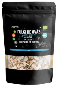 Fulgi de ovaz fini fara gluten cu pudra si chipsuri de cocos Eco, 200g, Niavis