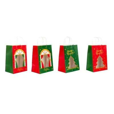 Pungi cadou Crăciun fericit cu fereastră mix 4 tipare diferite - model 10 (set 12 buc) - 26x15x35cm