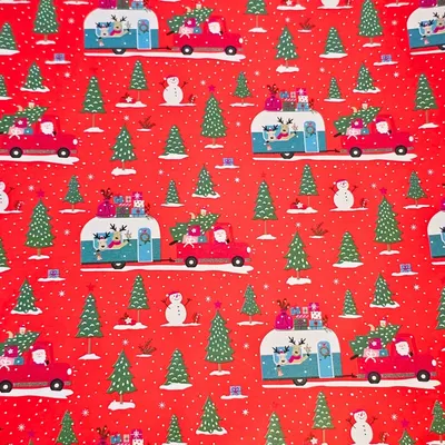Hârtie mată pentru ambalat cadouri, decor de iarnă roșu cu Moș Crăciun și prietenii săi, renii , 200x70 cm