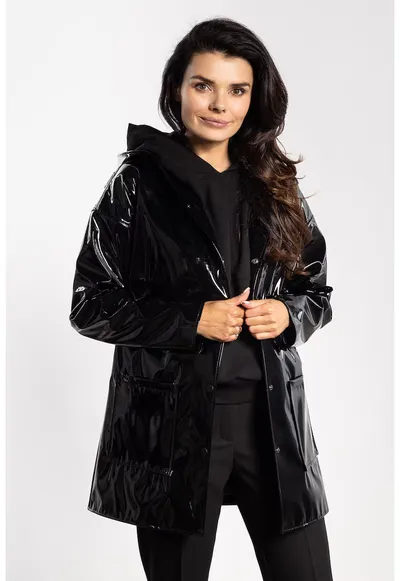 Geaca de dama - latex - impermeabila - negru - gluga - buzunare - finisaj lucios