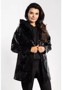 Geaca de dama - latex - impermeabila - negru - gluga - buzunare - finisaj lucios