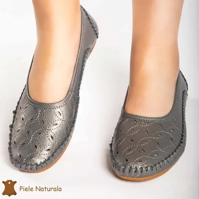 Balerini dama din Piele Naturala cu mici perforatii CRL0180 PEWTER