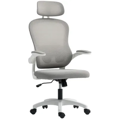 HOMCOM Scaun birou ergonomic cu spătar din plasă, reglabil pe înălțime, cotiere rabatabile, 5 roți, funcție balans, Gri | Aosom Romania