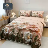 Cuvertura Matlasata, Bumbac Finet, cu Imprimeu 5D, 220x240cm + 2 fete de perna 50x70cm, Rozaliu, Flori Tricotate