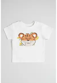 Tricou cu animale si decolteu la baza gatului - Portocaliu stins/Alb murdar/Bej deschis