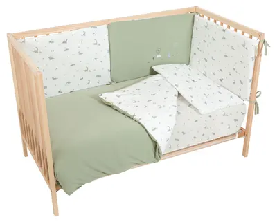 Set de lenjerie pentru bebeluși cu apărătoare Bimbidreams - Trex, 3 piese, alb/verde