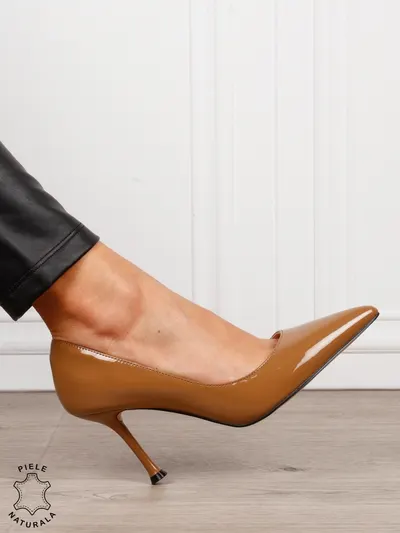 Pantofi dama eleganti din piele naturala Lacuita cu toc subtire clasic CRL1636KHAKI