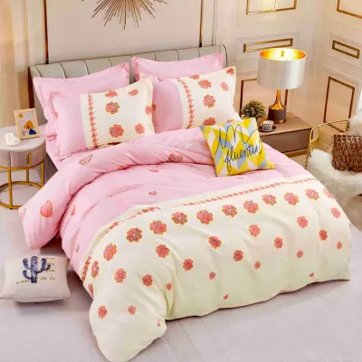 Lenjerie pat 1 PERSOANA, FINET, 4 piese, Jojo Home, Crem-Roz, floricele