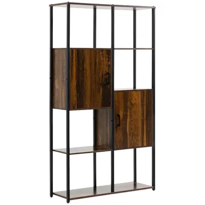 HOMCOM Bibliotecă Industrială cu 4 Rafturi și 2 Dulapuri, 90x30x159.5 cm, Metal și Lemn, Negru-Maro | Aosom Romania