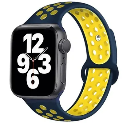 Curea Sport perforata pentru Apple Watch, Silicon, Bleumarin/Galben - 38/40/41 mm , Medie Engros