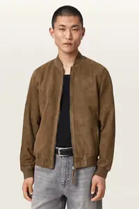 AllSaints geacă bomber pentru bărbați din piele întoarsă MORTEN