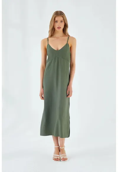 Rochie midi - decolteu in V - slit - verde pin - textil