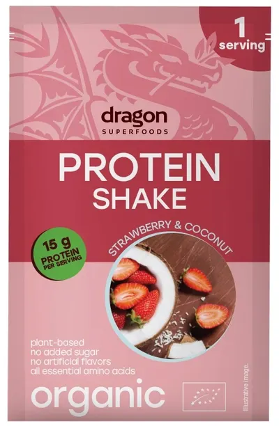 Dragon Superfoods Shake proteic bio, căpșuni și cocos, 30 g