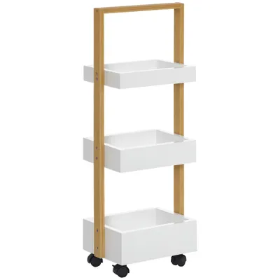 HOMCOM Cărucior de depozitare cu 3 nivele, etajeră ușor de asamblat pentru baie bucătărie birou 28 x 18 x 75 cm alb | Aosom Romania