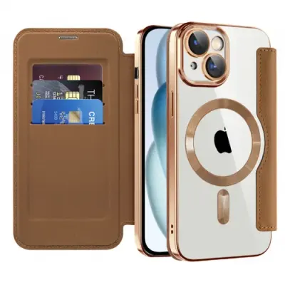 Husa MagSafe pentru Apple iPhone 15 Plus, Techsuit, SmartMag Book, Maro