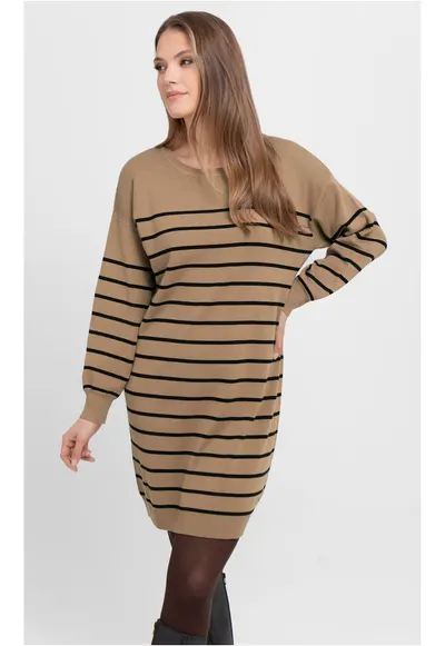 Rochie cu dungi G-Senti - tricot - maro - maneca lunga - Maro