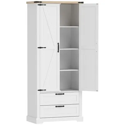 HOMCOM Bufet înalt pentru bucătărie, dulap de bucătărie cu 2 uși, 2 sertare, rafturi reglabile, stil rustic, 76x40x180cm, alb | Aosom Romania