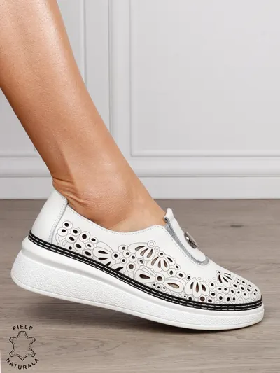 Pantofi Casual dama din Piele naturala cu model Perforat CRL1600 ALB