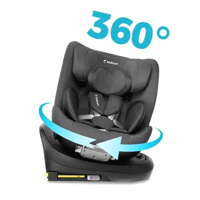 Scaun auto pentru copii, Kidnort Radjur Grey, cu isofix rotativ 360 i-Size 40-150 cm, Top Tether, centuri in 5 puncte, Sistem de impact lateral, baldachin reglabil, pozitie somn