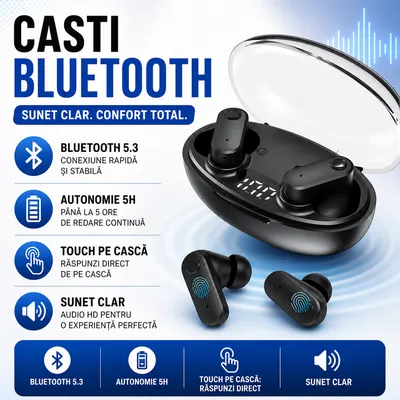 Casti Bluetooth 5.3, Baterie Statie 200mAh, StandBy 180H, Touch pe Casti, Respingere/Raspundere Apel VTS-210, Negru