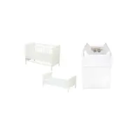 Set mobilier pentru copii, Qmini: Patut multifunctional din lemn de pin, cu somiera reglabila in 3 trepte si cu protectie pentru dentitie, Julia, 120x60 cm + Saltea cocos-burete 10 cm + Comoda cu masa infasat, Alb