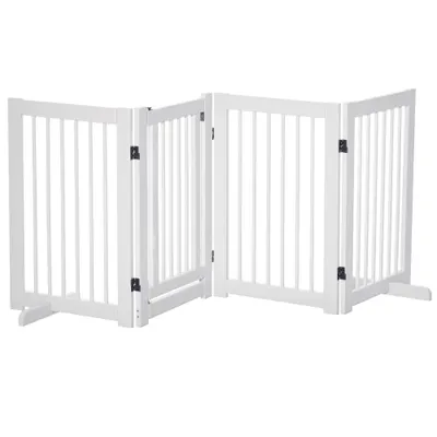 Grilă pentru câini PawHut cu picioare de susținere 204 x 75 cm din lemn, Grilă de protecție pentru câini cu uși pentru scări, uși, bucătărie, hol, 4 panouri, Alb | Aosom Romania