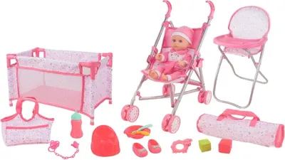 Set de joacă Tutu Love - Păpuşăcu cărucior, pătuț și scaun, roz, 36 cm